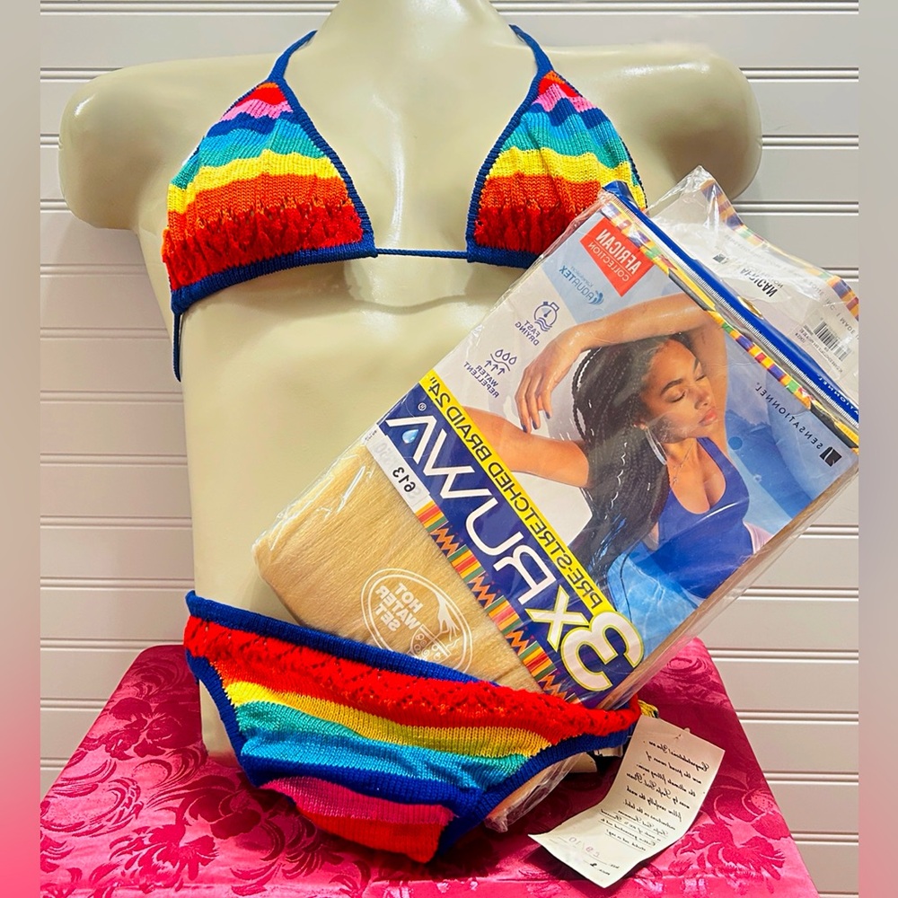 RAVE READY Rainbow Crochet Bikini + Blonde Braid Hair Set